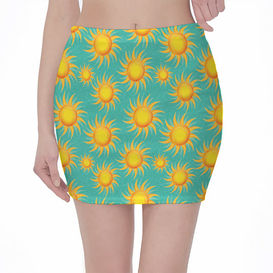 Shiny Sun Pattern Print Pencil Mini Skirt