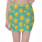 Shiny Sun Pattern Print Pencil Mini Skirt