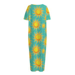 Shiny Sun Pattern Print Short Sleeve Long Nightdress