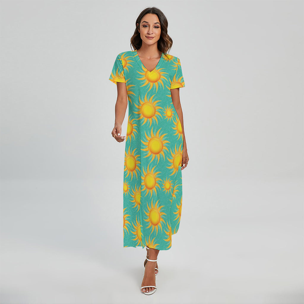 Shiny Sun Pattern Print Short Sleeve Maxi Dress