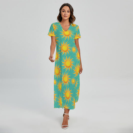 Shiny Sun Pattern Print Short Sleeve Maxi Dress