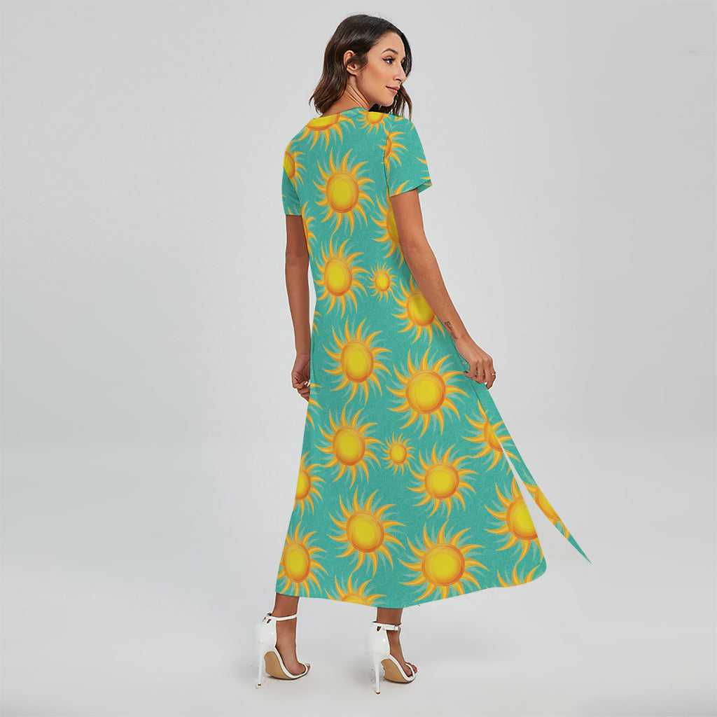 Shiny Sun Pattern Print Short Sleeve Maxi Dress