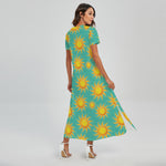 Shiny Sun Pattern Print Short Sleeve Maxi Dress