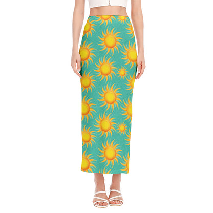 Shiny Sun Pattern Print Side Slit Maxi Skirt