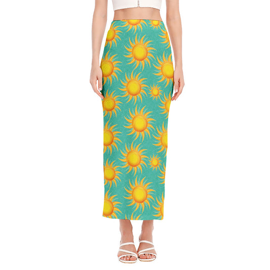 Shiny Sun Pattern Print Side Slit Maxi Skirt