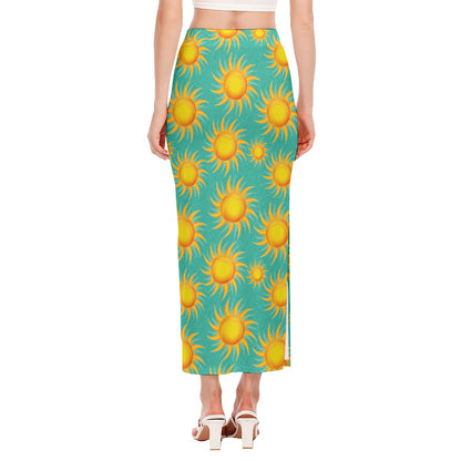 Shiny Sun Pattern Print Side Slit Maxi Skirt