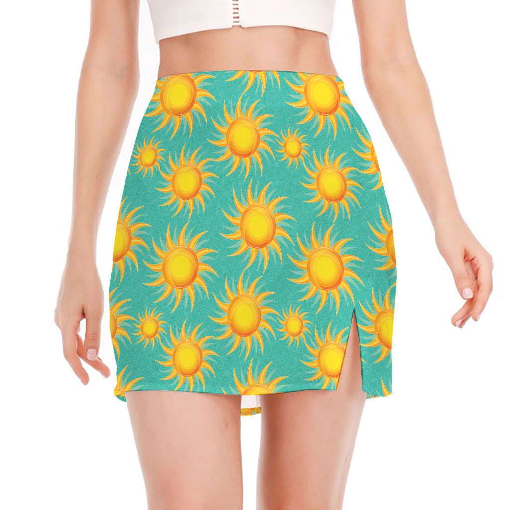 Shiny Sun Pattern Print Side Slit Mini Skirt