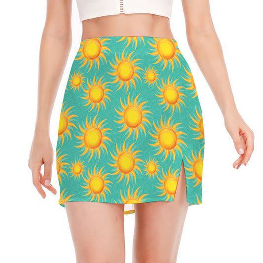 Shiny Sun Pattern Print Side Slit Mini Skirt