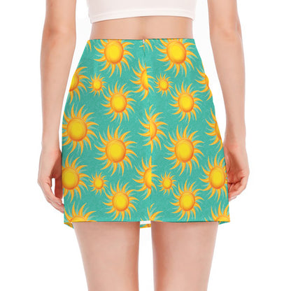 Shiny Sun Pattern Print Side Slit Mini Skirt