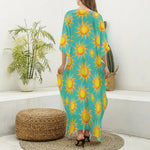 Shiny Sun Pattern Print Silk V-Neck Kaftan Dress