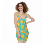 Shiny Sun Pattern Print Sleeveless Bodycon Dress