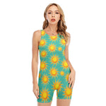 Shiny Sun Pattern Print Sleeveless One Piece Swimsuit