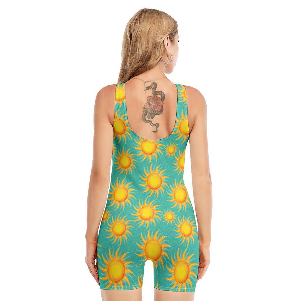 Shiny Sun Pattern Print Sleeveless One Piece Swimsuit