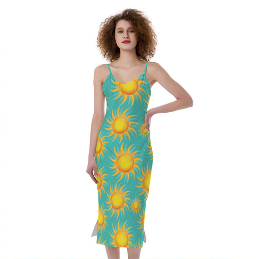 Shiny Sun Pattern Print Slim Fit Midi Cami Dress