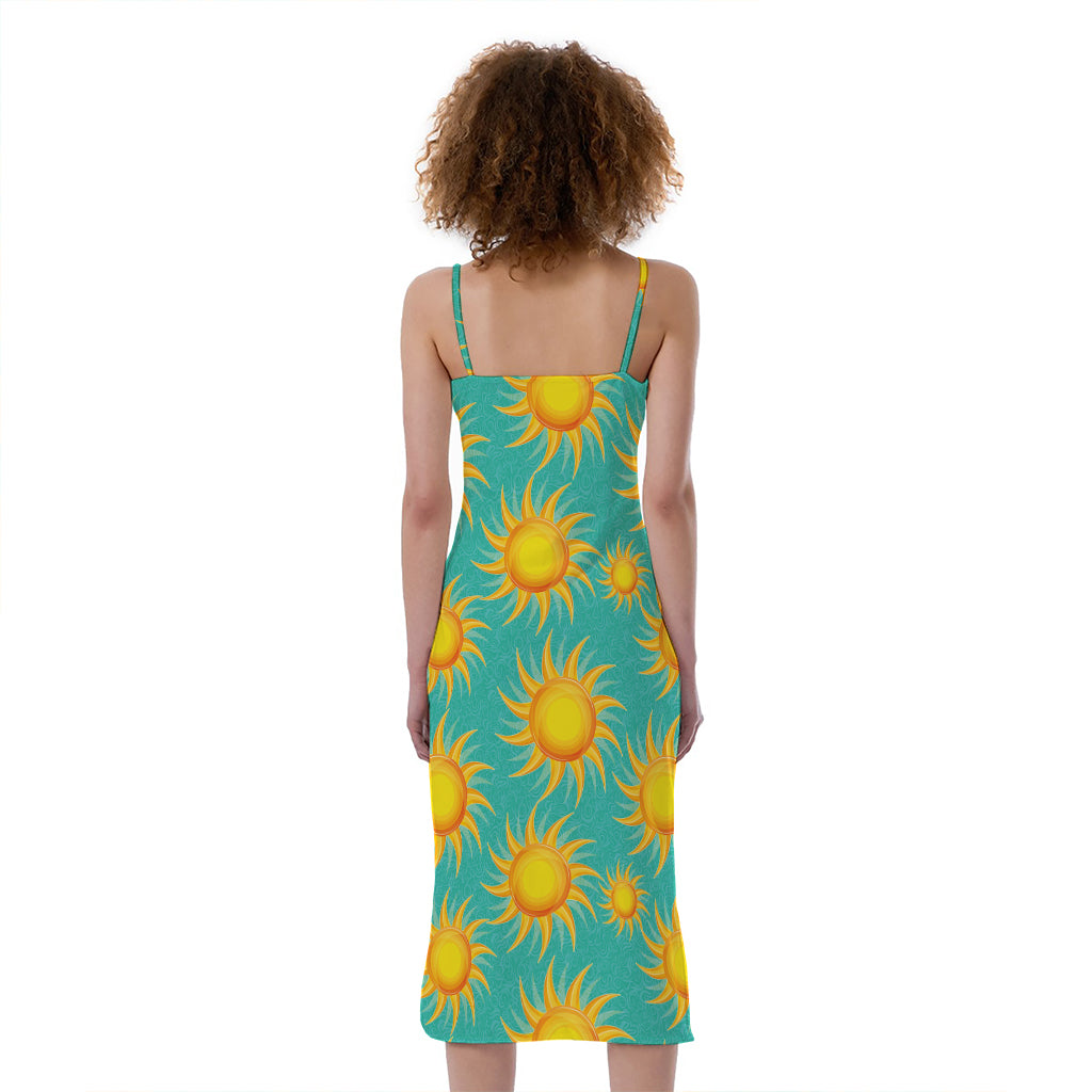 Shiny Sun Pattern Print Slim Fit Midi Cami Dress