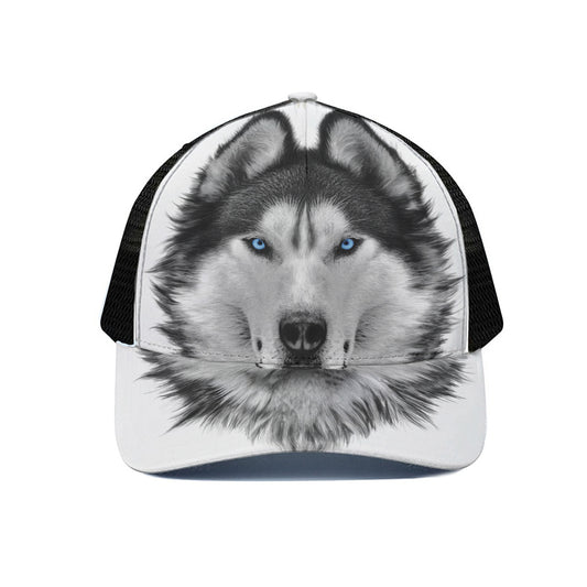 Siberian Husky Portrait Print Black Mesh Trucker Cap