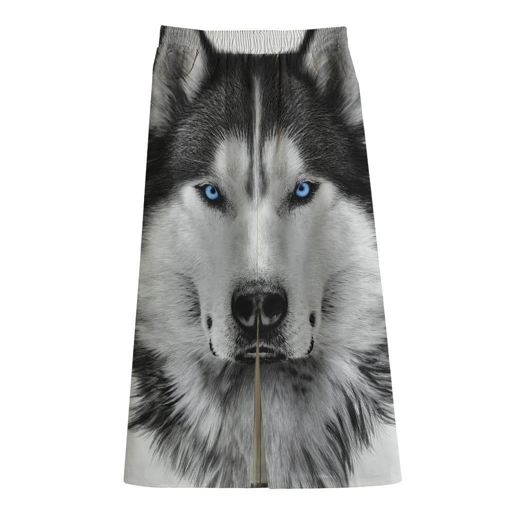 Siberian Husky Portrait Print Cotton Front Slit Maxi Skirt