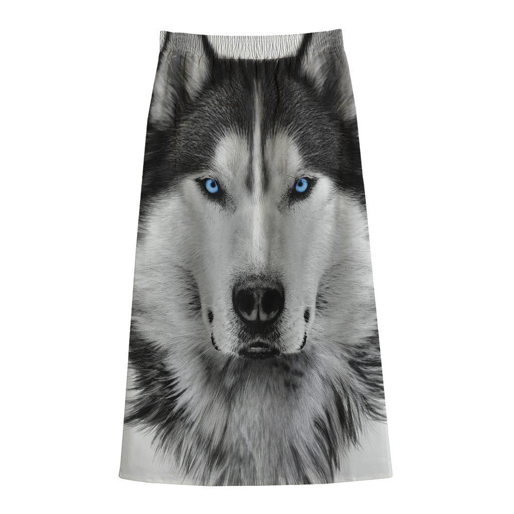 Siberian Husky Portrait Print Cotton Front Slit Maxi Skirt