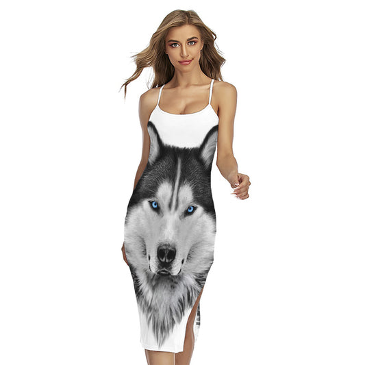 Siberian Husky Portrait Print Cross Back Cami Dress