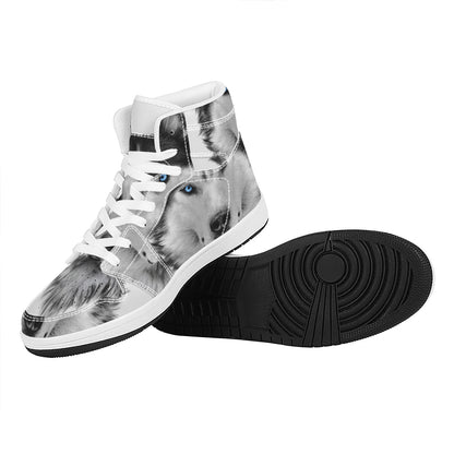 Siberian Husky Portrait Print High Top Leather Sneakers