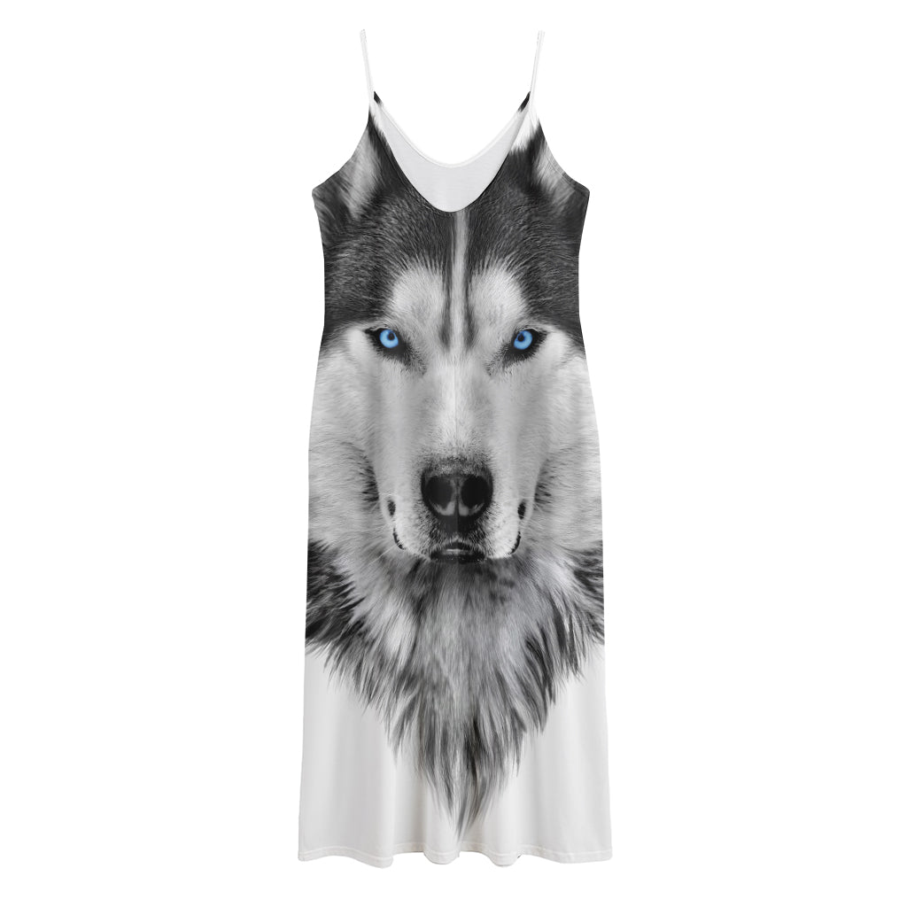 Siberian Husky Portrait Print Jersey Midi Cami Dress