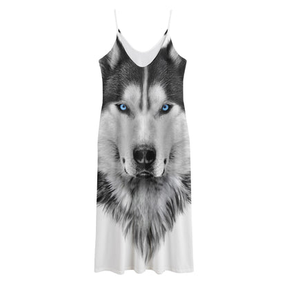 Siberian Husky Portrait Print Jersey Midi Cami Dress