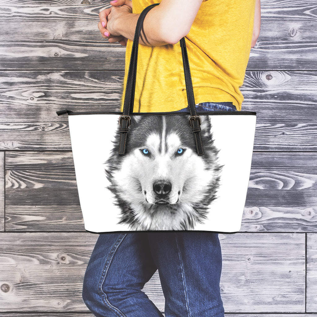 Siberian Husky Portrait Print Leather Tote Bag
