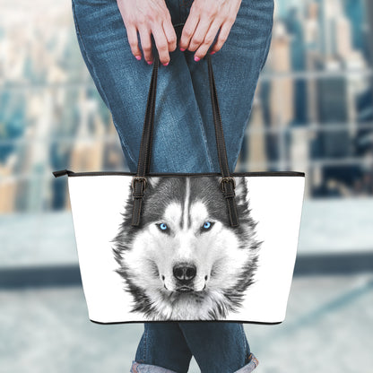 Siberian Husky Portrait Print Leather Tote Bag