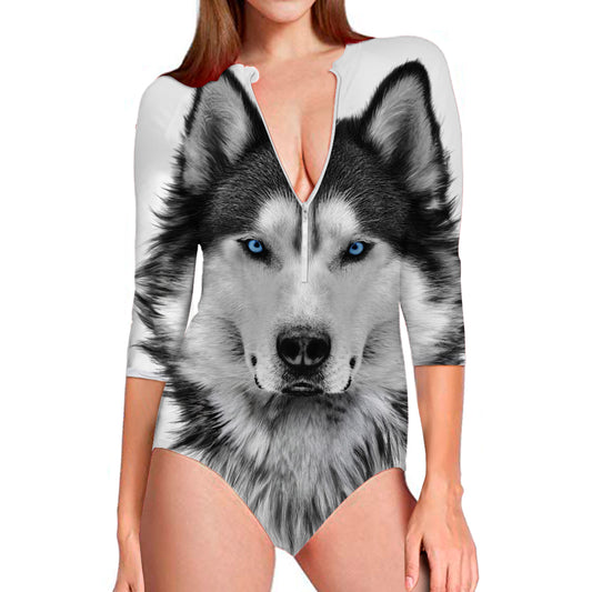 Siberian Husky Portrait Print Long Sleeve Swimsuit
