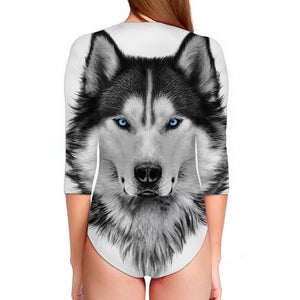 Siberian Husky Portrait Print Long Sleeve Swimsuit