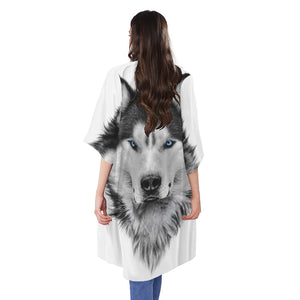 Siberian Husky Portrait Print Open Front Beach Cover Up