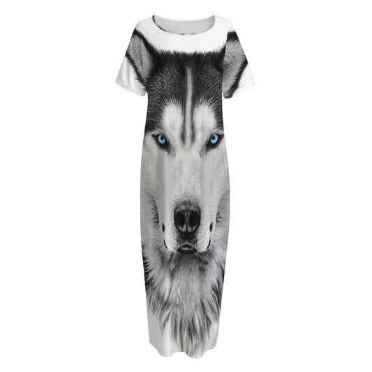 Siberian Husky Portrait Print Short Sleeve Long Nightdress