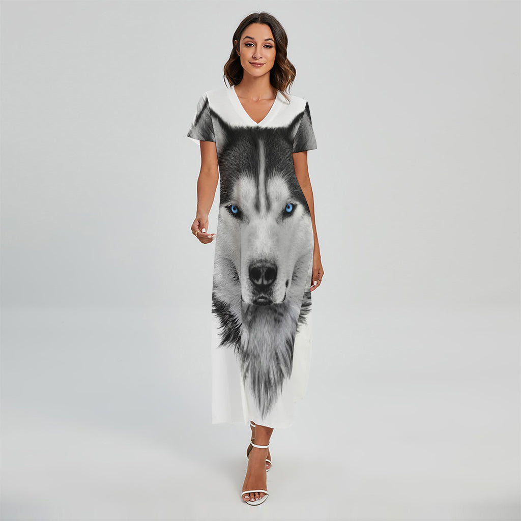 Siberian Husky Portrait Print Short Sleeve Maxi Dress