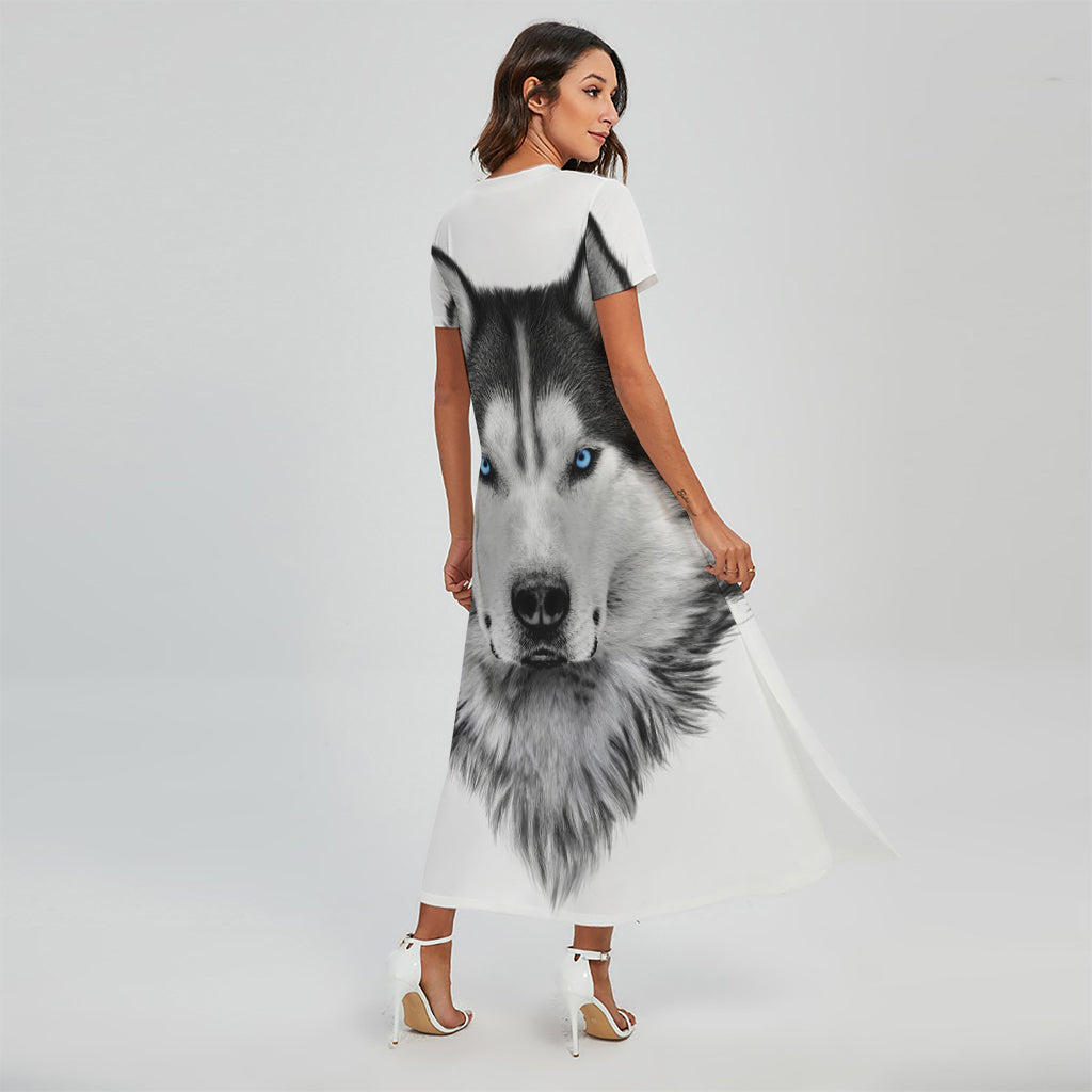 Siberian Husky Portrait Print Short Sleeve Maxi Dress