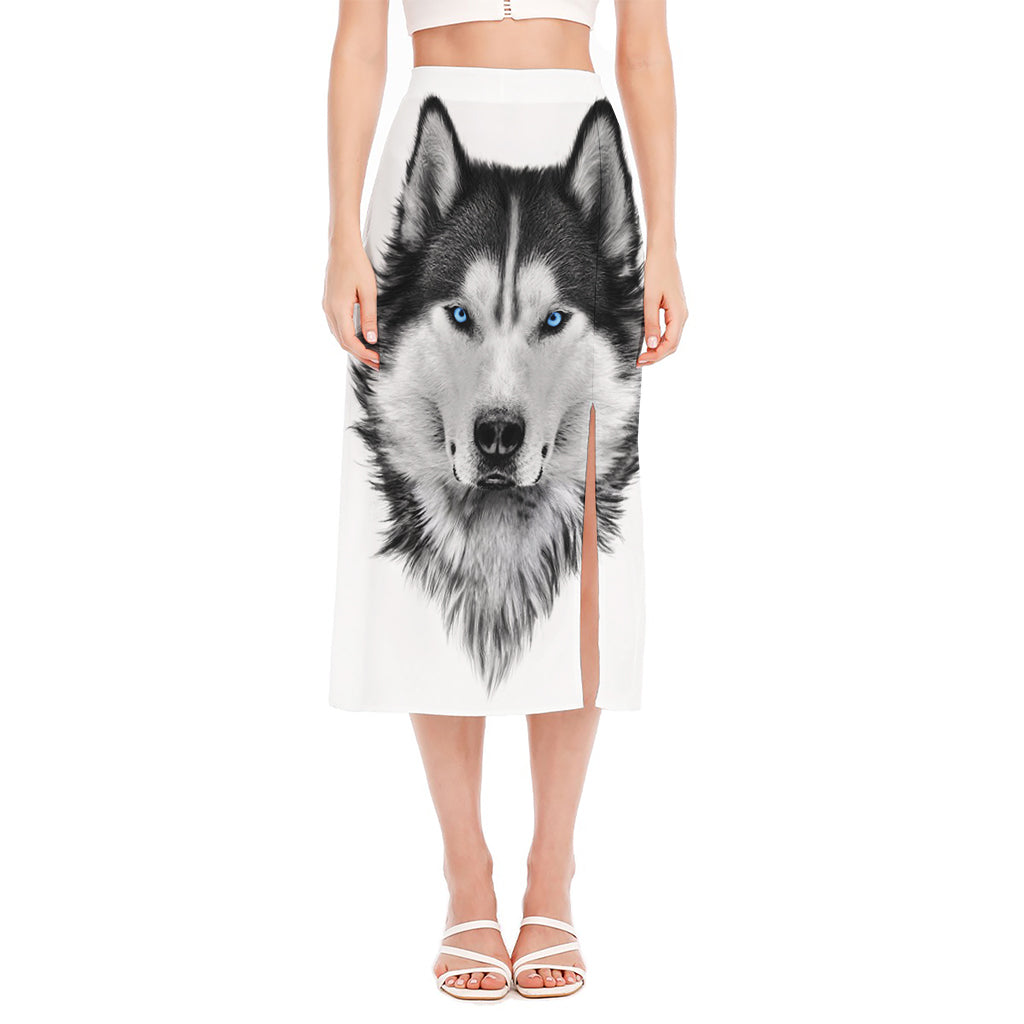 Siberian Husky Portrait Print Side Slit Midi Skirt