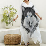 Siberian Husky Portrait Print Silk V-Neck Kaftan Dress