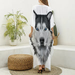 Siberian Husky Portrait Print Silk V-Neck Kaftan Dress