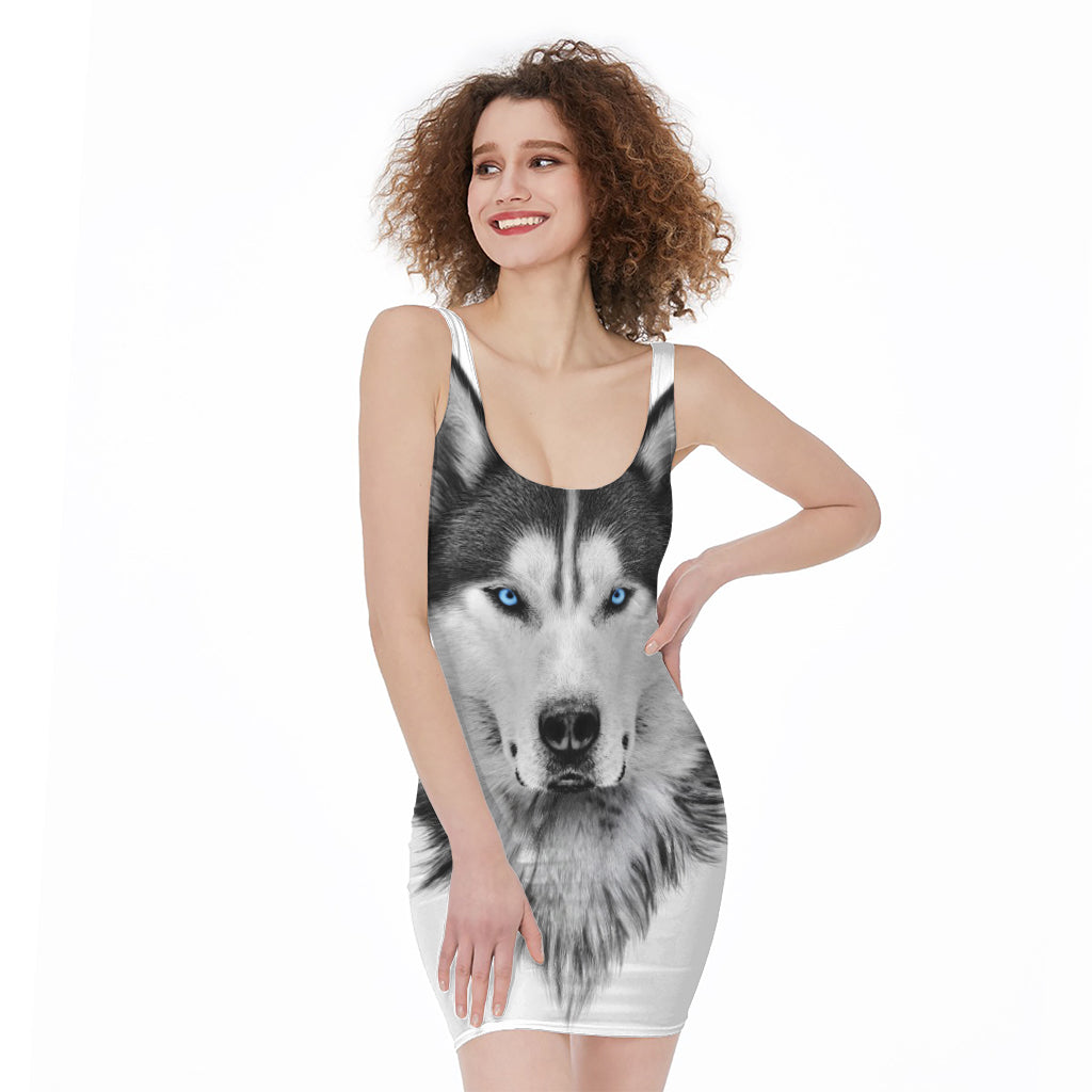 Siberian Husky Portrait Print Sleeveless Bodycon Dress