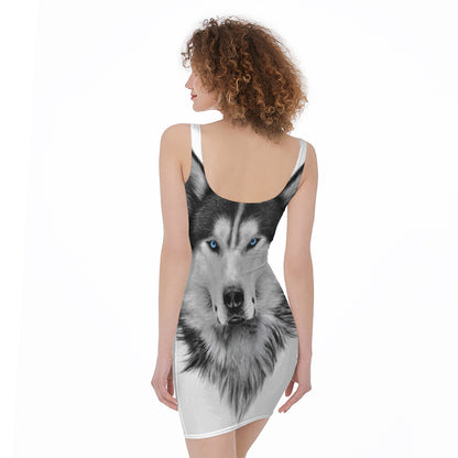Siberian Husky Portrait Print Sleeveless Bodycon Dress
