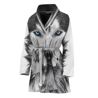 Siberian Husky Portrait Print Women's Bathrobe