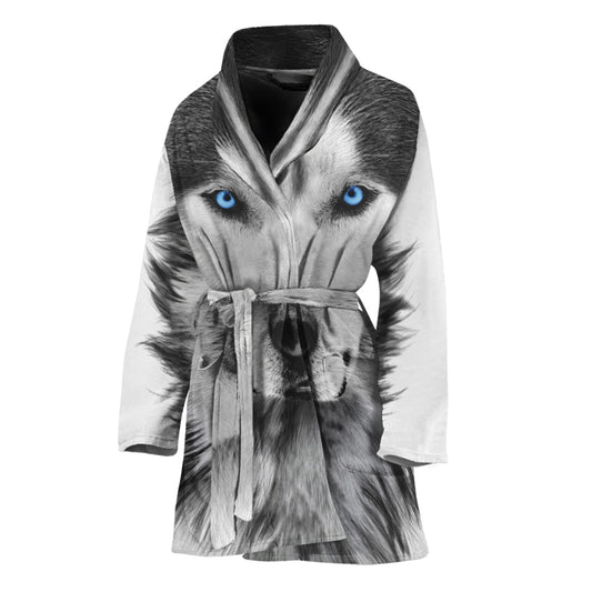 Siberian Husky Portrait Print Women's Bathrobe