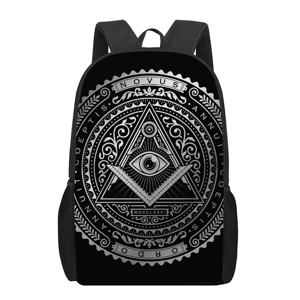 Silver And Black All Seeing Eye Print 17 Inch Backpack
