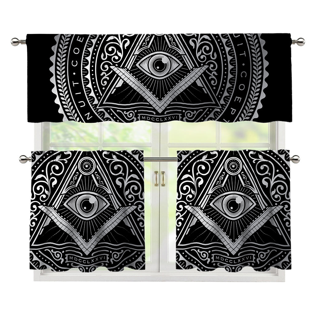 Silver And Black All Seeing Eye Print 3 Piece Kitchen Curtains