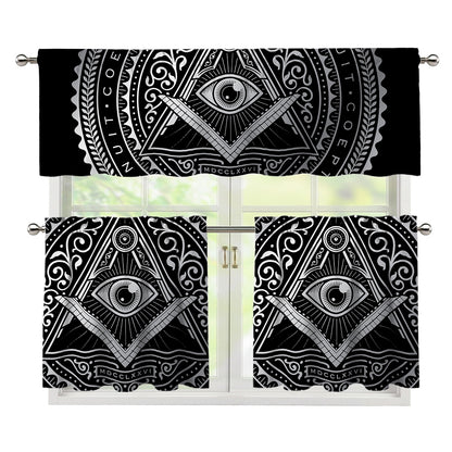 Silver And Black All Seeing Eye Print 3 Piece Kitchen Curtains