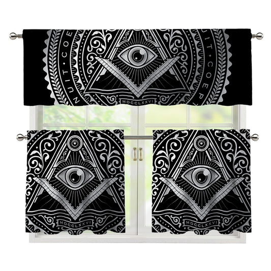 Silver And Black All Seeing Eye Print 3 Piece Kitchen Curtains
