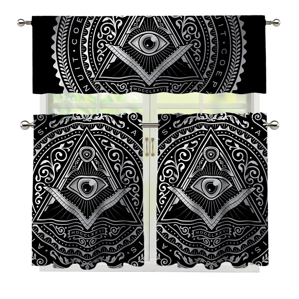 Silver And Black All Seeing Eye Print 3 Piece Kitchen Curtains