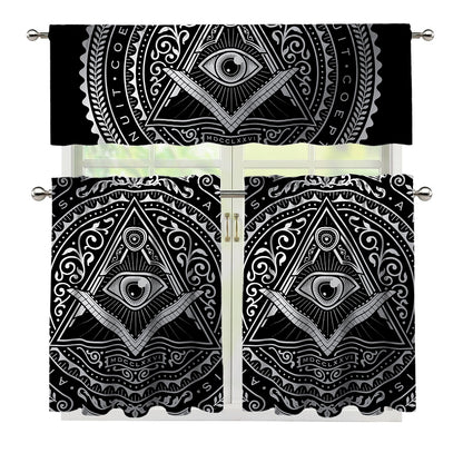 Silver And Black All Seeing Eye Print 3 Piece Kitchen Curtains