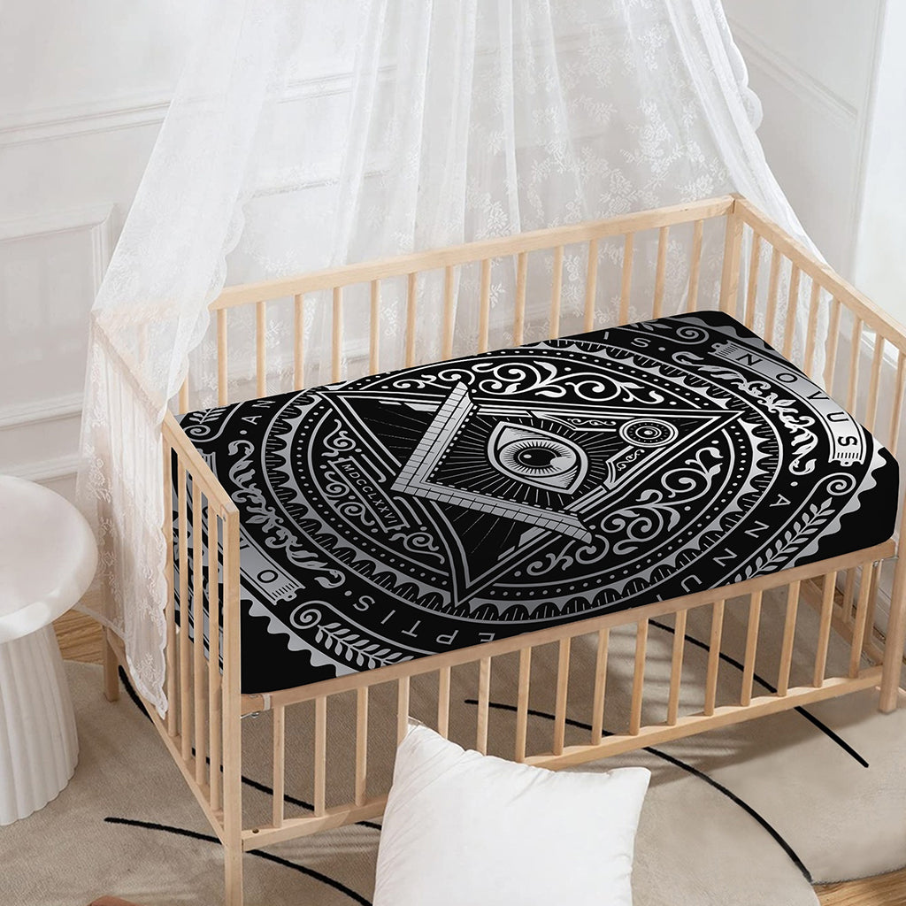 Silver And Black All Seeing Eye Print Baby Crib Sheet