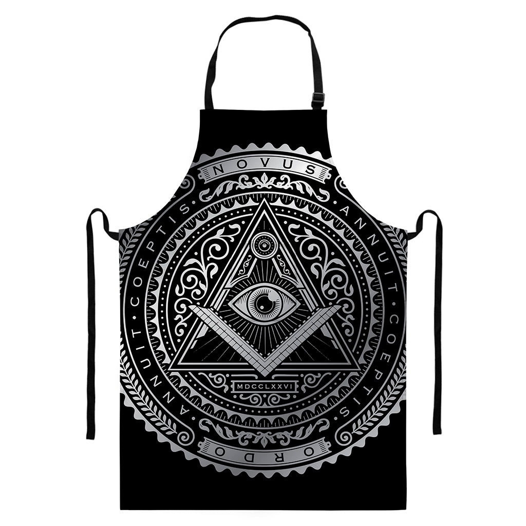 Silver And Black All Seeing Eye Print Bib Apron With Pocket