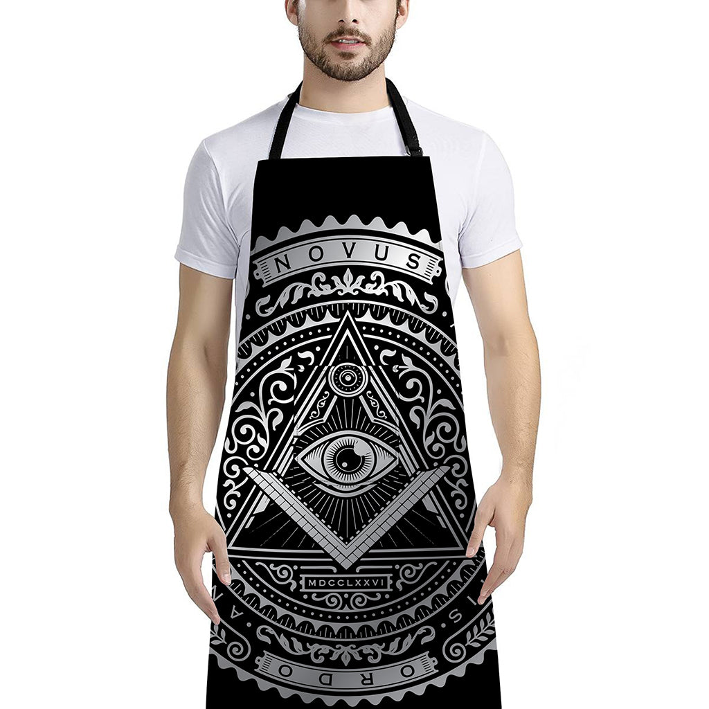 Silver And Black All Seeing Eye Print Bib Apron With Pocket